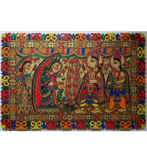 Madhubani Painting Depicting Ram and Sita Marriage, Hand Painting, Modern Art, Horizontal Mounting 